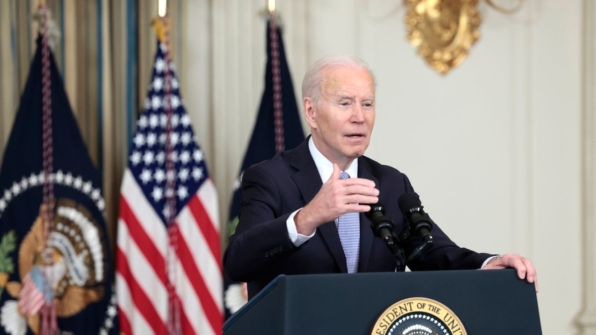 U.S. President Joe Biden gestures as he delivers remarks on the jobs report for the month of March from the State Dining Room of the White House on April 01, 2022 in Washington, DC. The U.S. economy gained an additional 431,000 jobs in March and the unemployment rate fell to 3.6%.