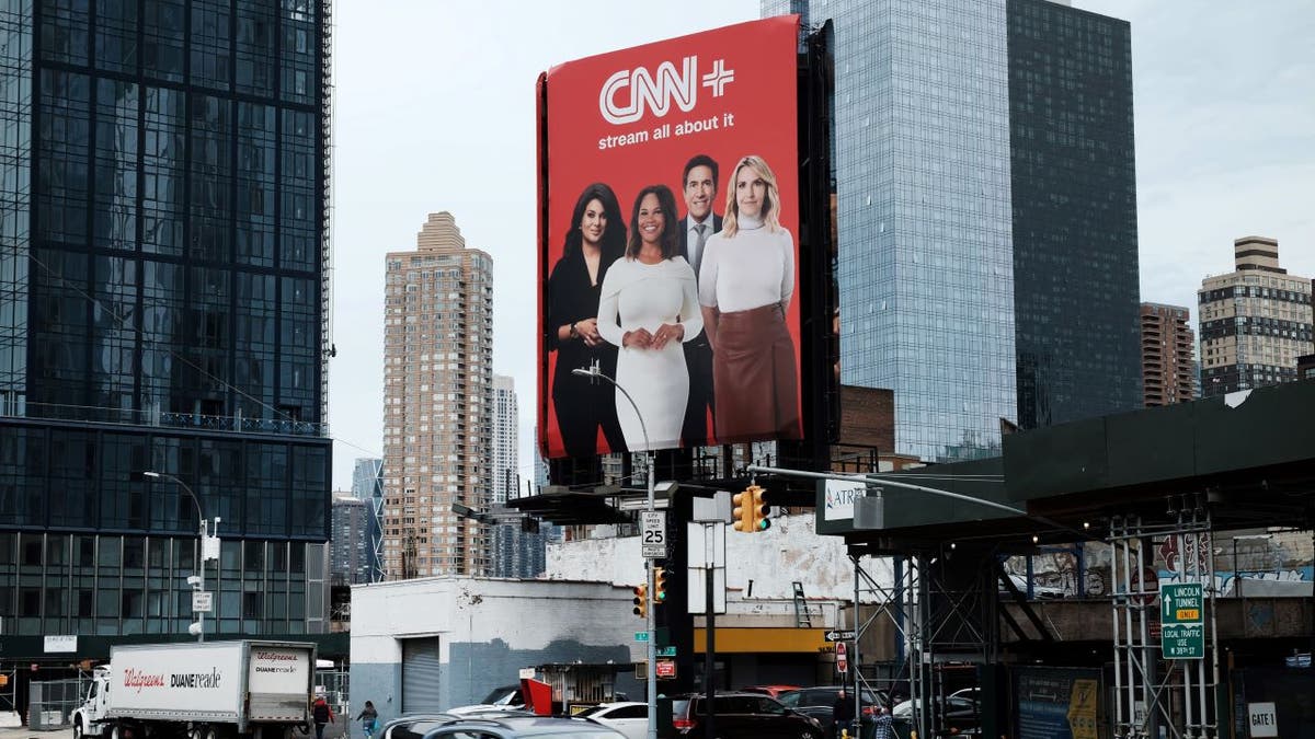NEW YORK, NEW YORK - APRIL 21: An advertisement for CNN+ is displayed in Manhattan on April 21, 2022 in New York City. Only three weeks after its launch, CNN has announced that it's new streaming service is already planning to shut down. CNN+ had attracted well known names in media and entertainment to its line-up, which looked to compete with other streaming services and to appeal to a younger audience. 