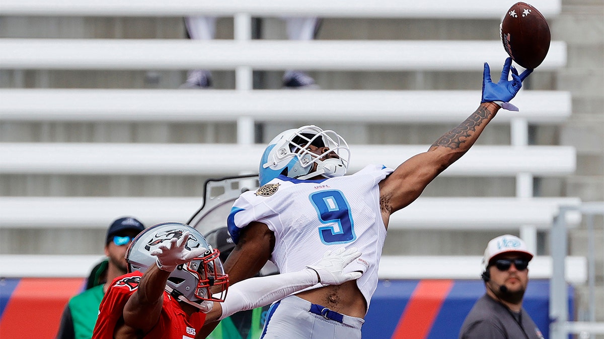 Jonathan Adams #9 of New Orleans Breakers misses the ball as Christian Campbell #7 of Tampa Bay Bandits defends in the second quarter of the game at Protective Stadium on April 24, 2022 in Birmingham, Alabama.