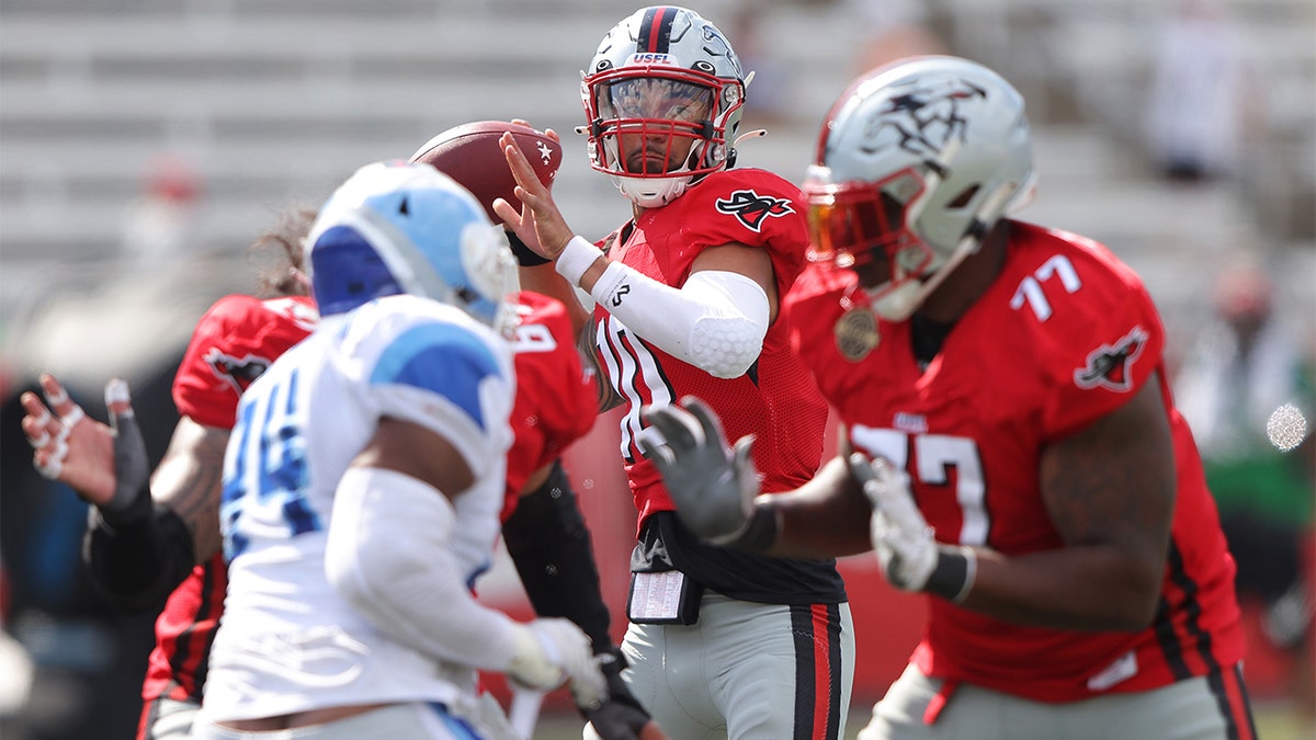 Jordan Ta'amu #10 of Tampa Bay Bandits looks to pass the ball in the third quarter of the game against the New Orleans Breakers at Protective Stadium on April 24, 2022 in Birmingham, Alabama.