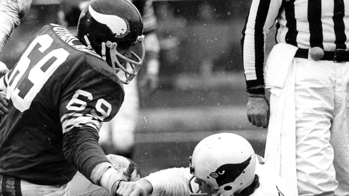 Football: St. Louis Cardinals QB Jim Hart (17) after sack by Minnesota Vikings Doug Sutherland (69) at Metropolitan Stadium. Bloomington, MN 12/21/1974