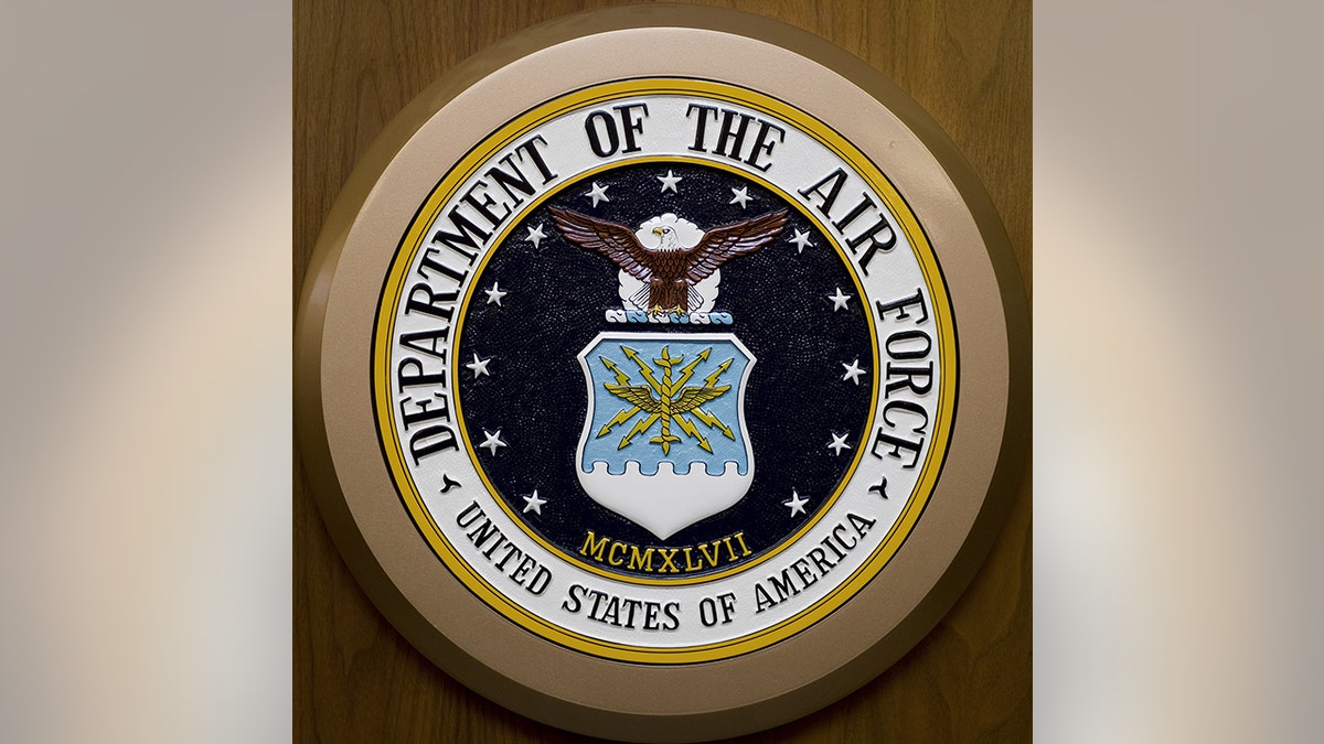 The Department of the Air Force seal hangs on the wall February 24, 2009, at the Pentagon in Washington,DC.        AFP Photo/Paul J. Richards / AFP PHOTO / Paul J. RICHARDS        (Photo credit should read PAUL J. RICHARDS/AFP via Getty Images)
