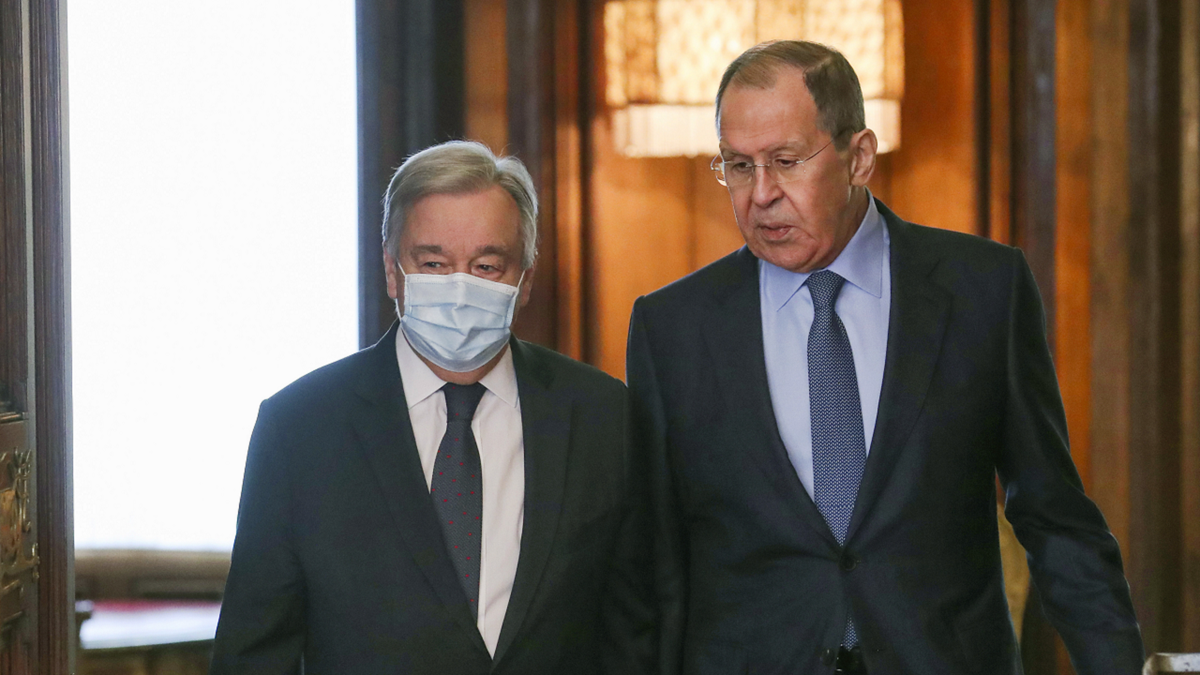 Russian Foreign Minister Sergey Lavrov, right, welcomes U.N. Secretary-General Antonio Guterres for the talks in Moscow, Russia, on Tuesday, April 26.
