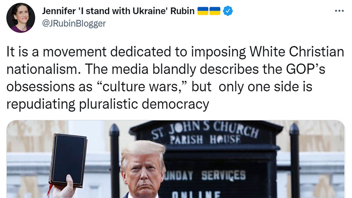 Jennifer Rubin tweeted "It is a movement dedicated to imposing White Christian nationalism. The media blandly describes the GOP’s obsessions as 'culture wars,' but only one side is repudiating pluralistic democracy"