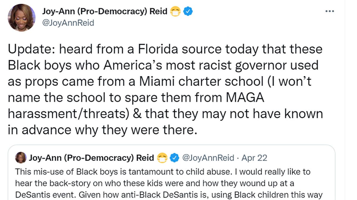 Joy Reid tweeted "Update: heard from a Florida source today that these Black boys who America’s most racist governor used as props came from a Miami charter school (I won’t name the school to spare them from MAGA harassment/threats) & that they may not have known in advance why they were there."