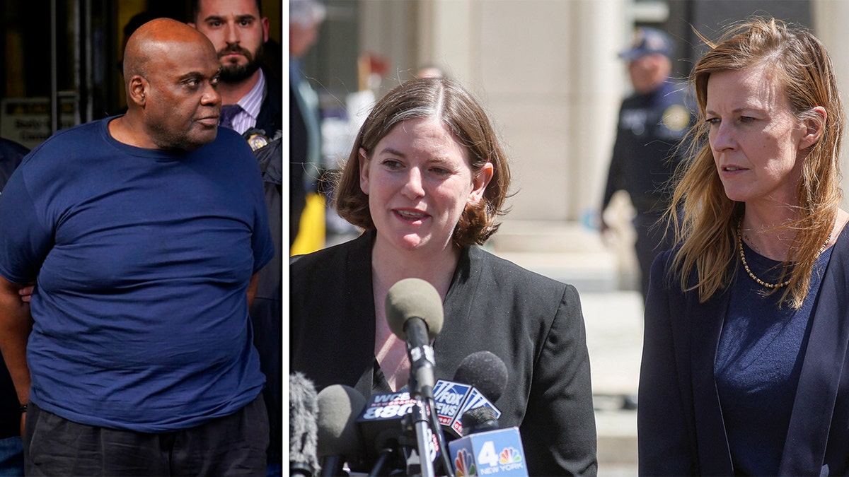 Left: New York City Police, left, and law enforcement officials lead subway shooting suspect Frank R. James, 62, center, away from a police station, in New York, Wednesday, April 13, 2022. Right: Mia Eisner-Grynberg and Deirdre von Dornum, assistant federal defenders with the Federal Defenders of New York and attorneys for Frank James, speak outside Brooklyn Federal Court following James's arraignment in New York City, U.S., April 14, 2022.