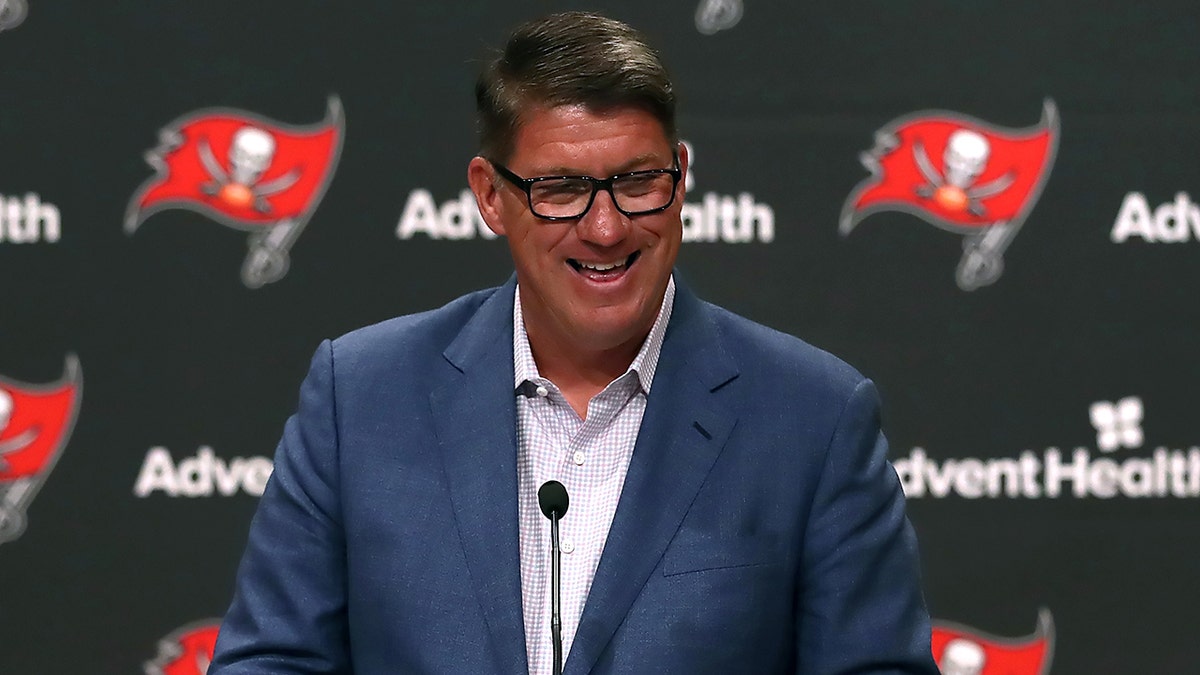 Buccaneers General Manager Jason Licht addresses the media during the press conference with former Head Coach Bruce Arians and newly named Head Coach Todd Bowles on March 31, 2022 at AdventHealth Training Center in Tampa, Florida.
