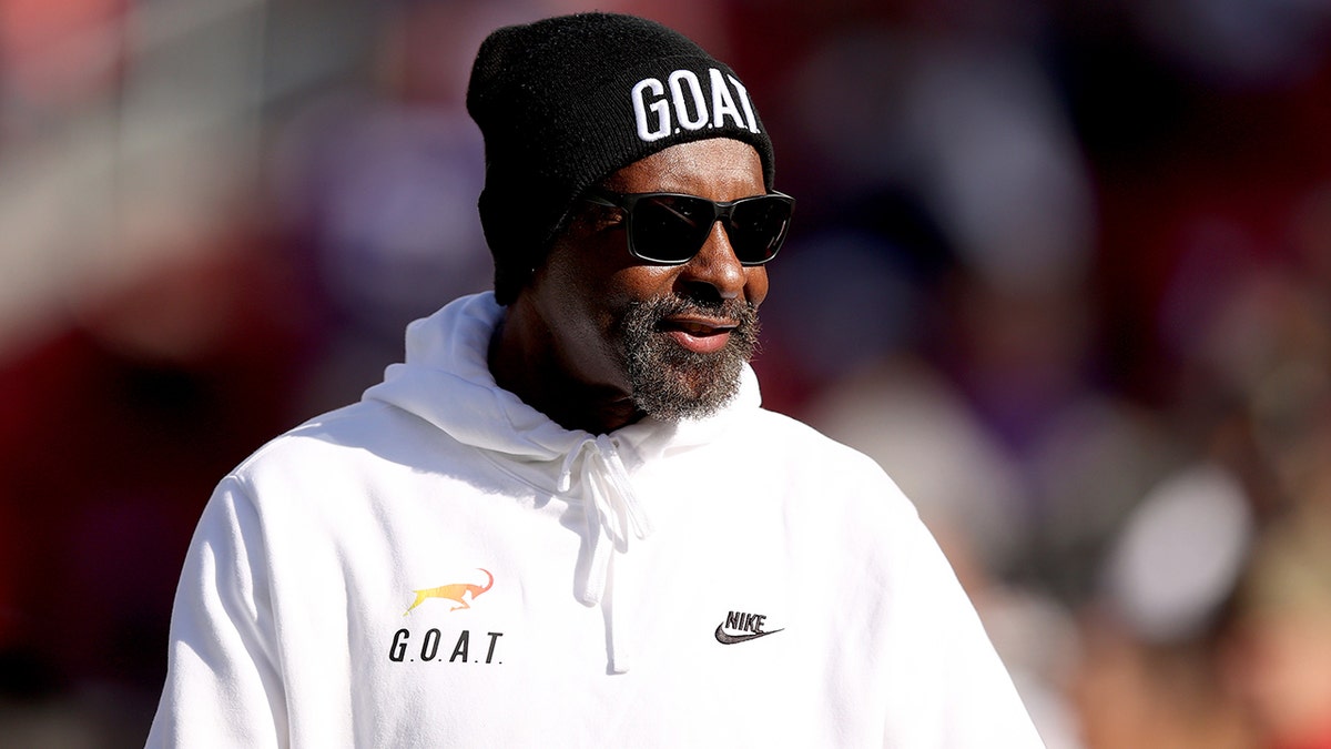 Former player of the San Francisco 49ers Jerry Rice looks on during pregame before the game between the Minnesota Vikings and the San Francisco 49ers at Levi's Stadium on Nov. 28, 2021 in Santa Clara, California.