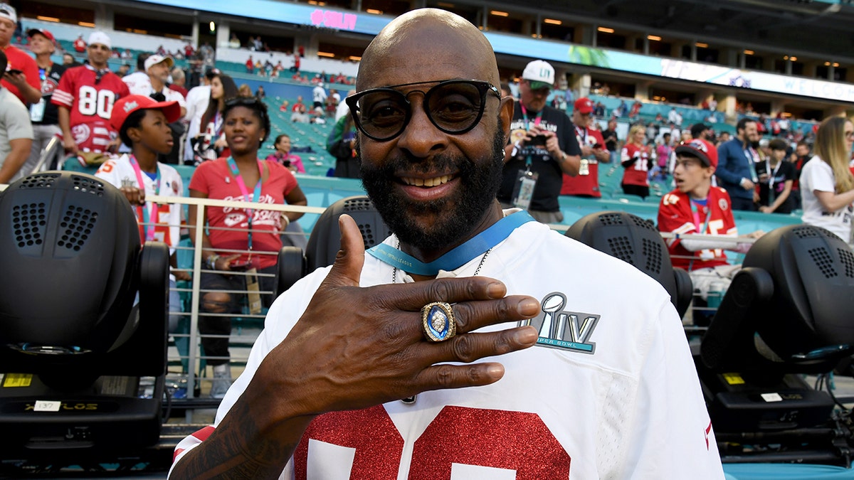 Jerry Rice attends the Super Bowl LIV at Hard Rock Stadium on February 02, 2020 in Miami Gardens, Florida.
