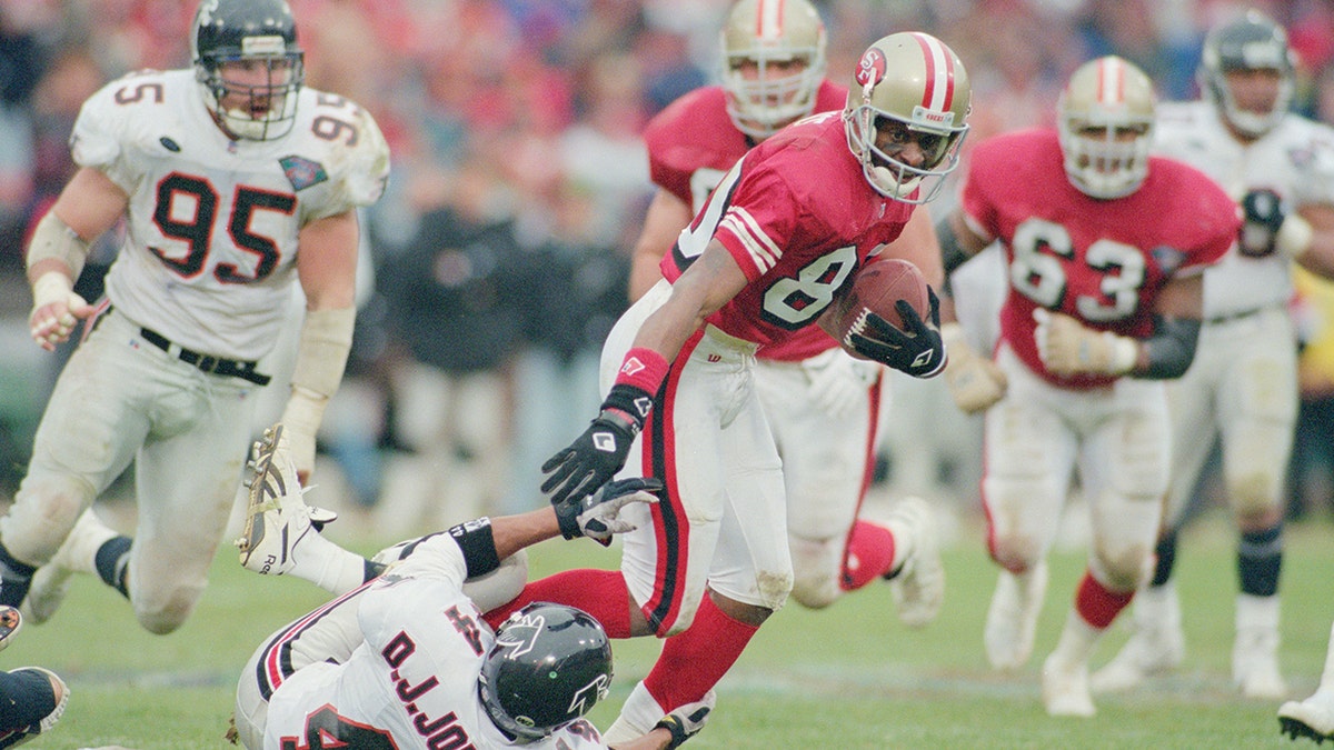 Jerry Rice #80, Wide Receiver for the San Francisco 49ers during the NFC West game against the Atlanta Falcons on 4 December 1994 at Candlestick Park, San Francisco, California.