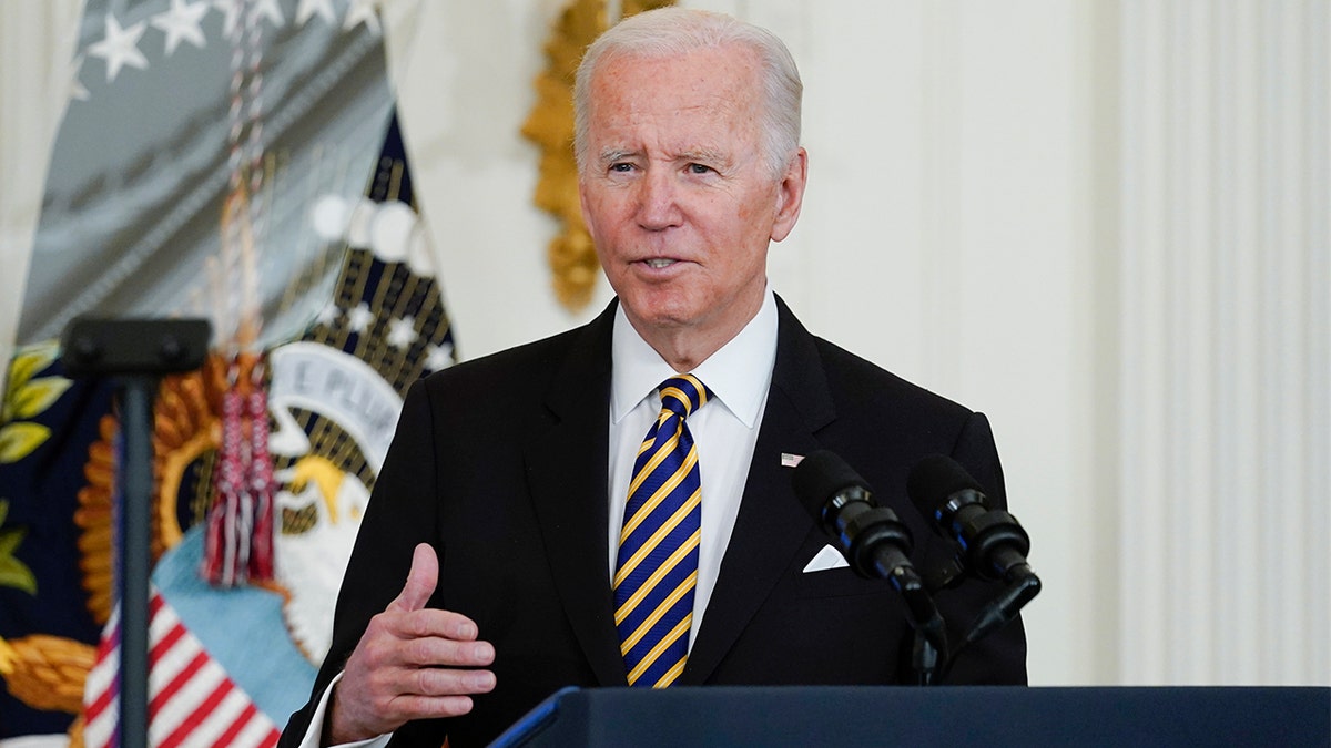 President Biden speaks during the 2022 National and State Teachers of the Year event in the East Room of the White House in Washington, Wednesday, April 27, 2022. (AP Photo/Susan Walsh)