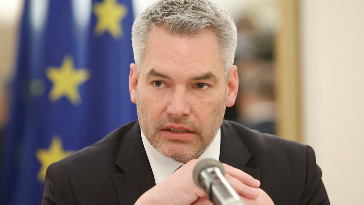 Austrian Chancellor Karl Nehammer speaks during a news conference after talks with Russian President Vladimir Putin in Moscow, Russia, on Monday.