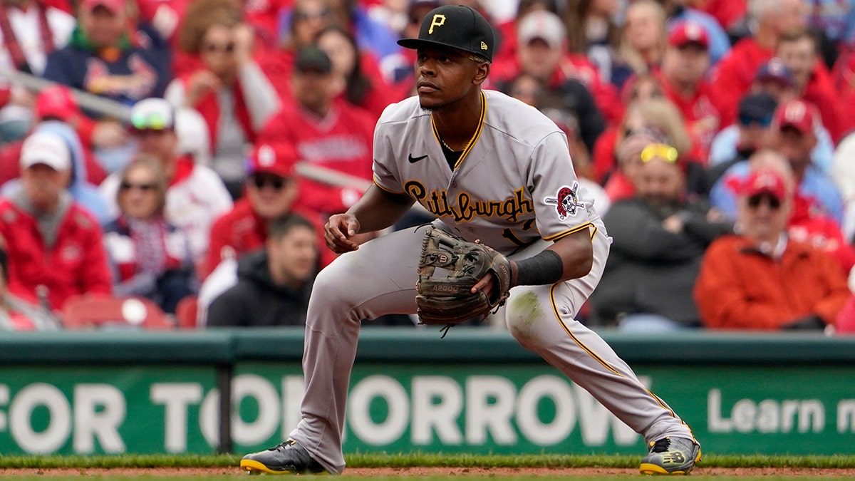 Pittsburgh Pirates third baseman Ke'Bryan Hayes takes up his position during the first inning of a baseball game against the St. Louis Cardinals Thursday, April 7, 2022, in St. Louis.