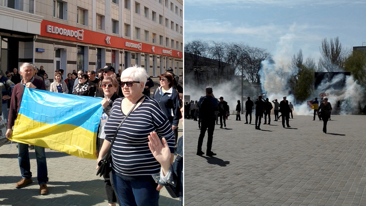 People are seen fleeing after tear gas is fired Wednesday, April 27 during a pro-Ukraine rally in Kherson.