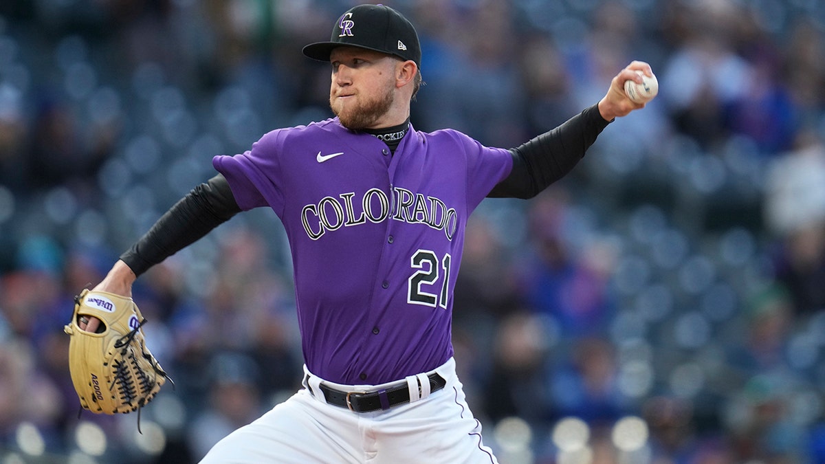 Colorado Rockies starting pitcher Kyle Freeland throws to a Chicago Cubs batter during the first inning of a baseball game Thursday, April 14, 2022, in Denver.