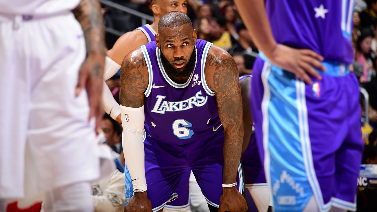 LeBron James of the Los Angeles Lakers during the game against the New Orleans Pelicans on April 1, 2022 at Crypto.Com Arena in Los Angeles, California.