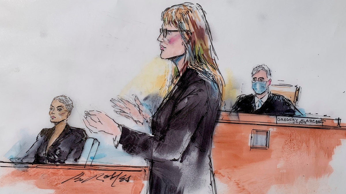 In this courtroom artist sketch, Los Angeles Superior Court Judge Gregory W. Alarcon sits atop his bench as Blac Chyna's lawyer, Lynne Ciani addresses the court.