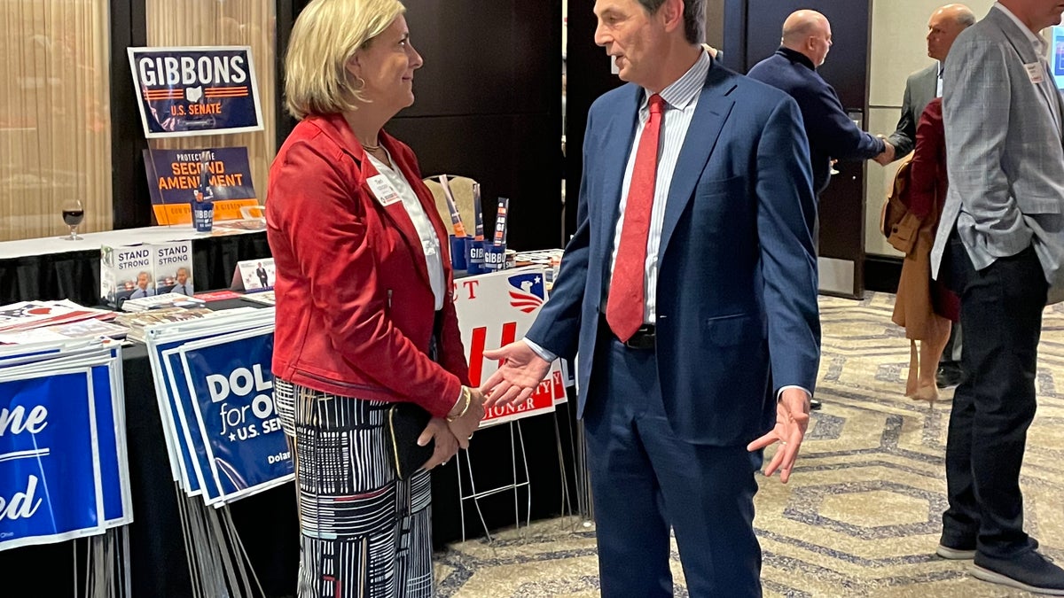 Ohio Republican Senate candidate Matt Dolan speaks with a voter at the Delaware County Republican Party Lincoln Reagan Dinner in Columbus, Ohio, on April 29, 2022. (Tyler Olson/Fox News)