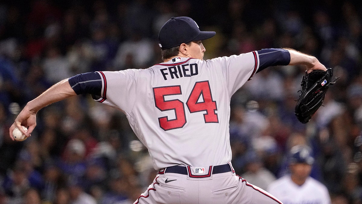 Atlanta Braves starting pitcher Max Fried throws to the plate during the sixth inning of a baseball game against the Los Angeles Dodgers Tuesday, April 19, 2022, in Los Angeles.