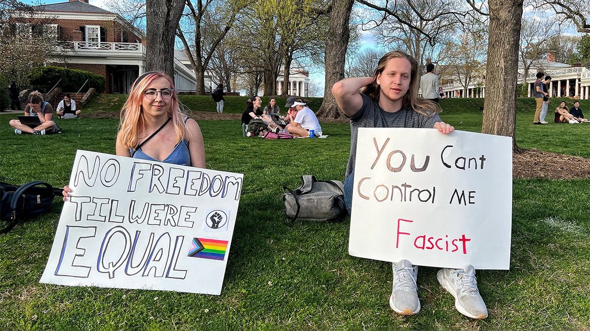 UVA students and Charlottesville residents take positions on the Lawn in protest of former Vice President Mike Pence speaking at the Old Cabell Hall at the University of Virginia in Charlottesville, Virginia on April 12, 2022. (Photo by Jason Lappa for The Washington Post via Getty Images)