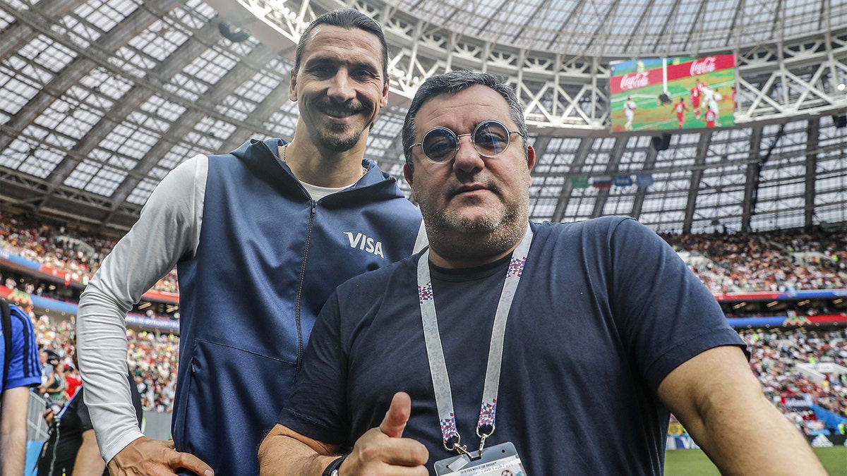 FILE - Zlatan Ibrahimovic and players agent Mino Raiola during the 2018 FIFA World Cup Russia group F match between Germany and Mexico at the Luzhniki Stadium on June 17, 2018 in Moscow. (Photo by VI Images via Getty Images)