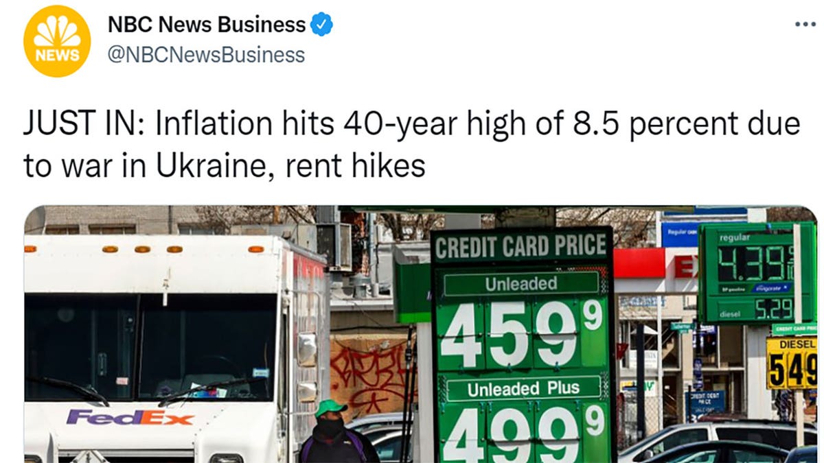 NBC News Business tweeted "JUST IN: Inflation hits 40-year high of 8.5 percent due to war in Ukraine, rent hikes"
