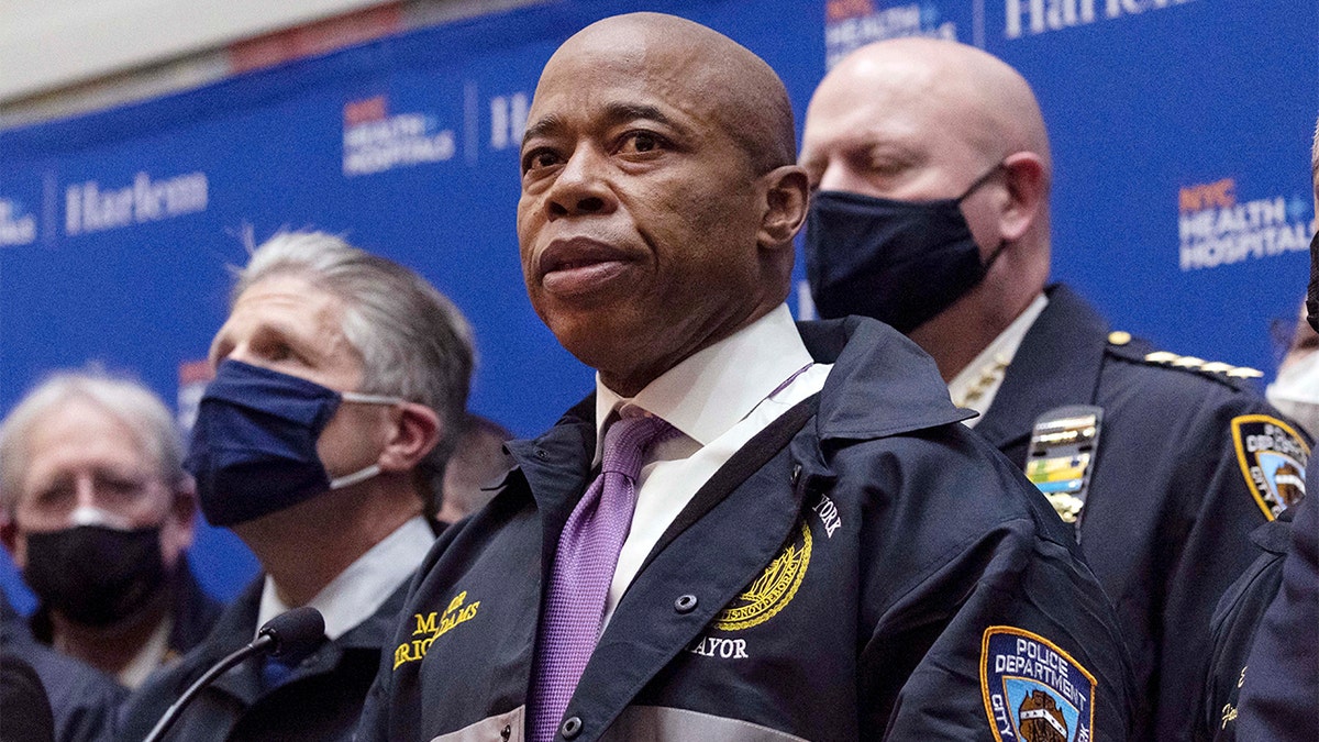 FILE — New York Mayor Eric Adams speaks during the press conference at Harlem Hospital after the shooting of a New York City Police Department officer, in Harlem, Friday, Jan. 21, 2022, in New York. (AP Photo/Yuki Iwamura File)