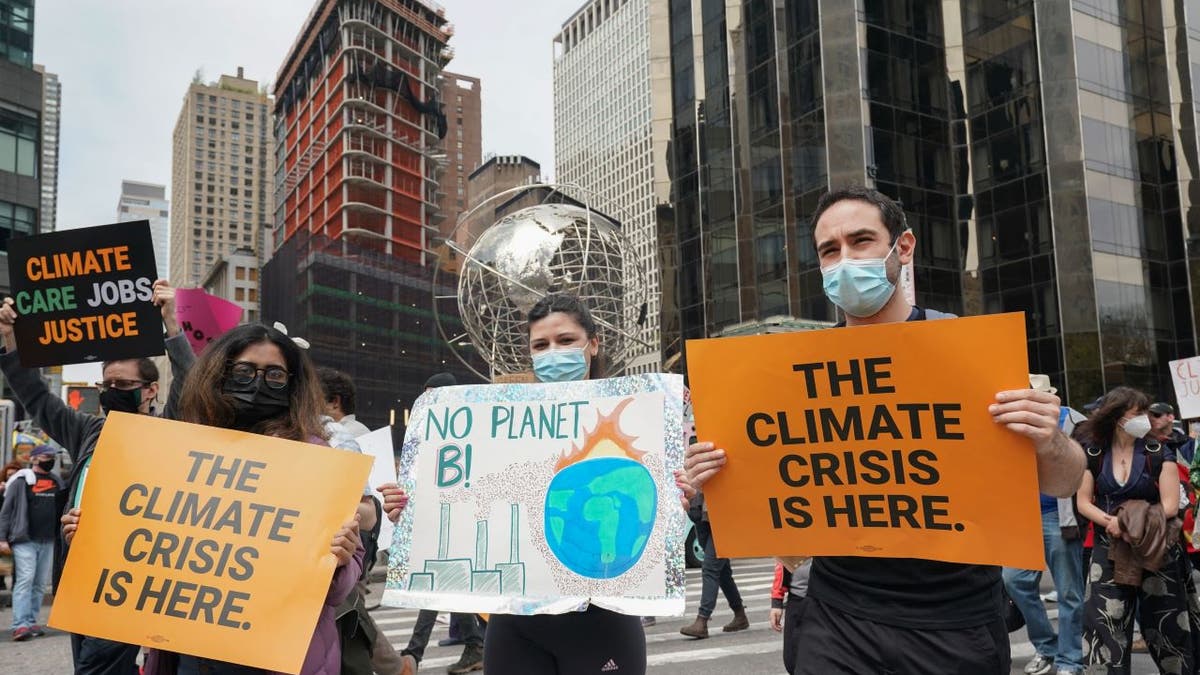 People carry signs at the March for Science in collaboration with Extinction Rebellion NYC and other organizations