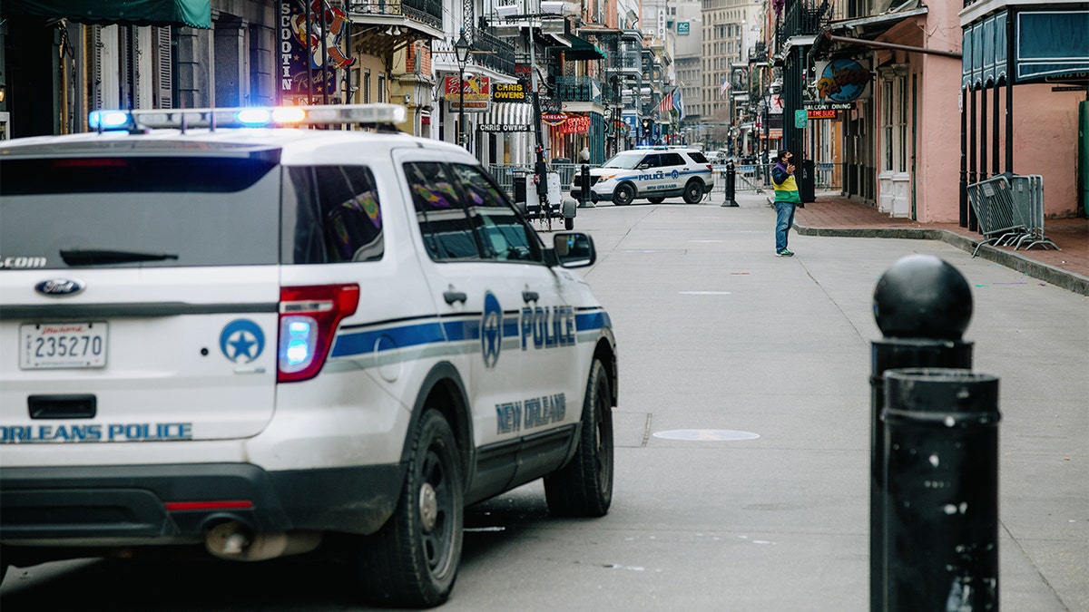 Police vehicles block access to Bourbon Street in New Orleans, Louisiana, Tuesday, Feb. 16, 2021. (Bryan Tarnowski/Bloomberg via Getty Images)