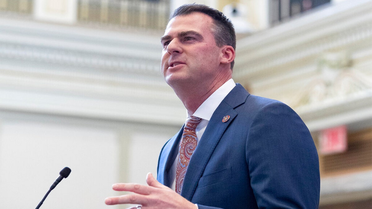 Oklahoma Gov. Kevin Stitt speaks in the state capitol building