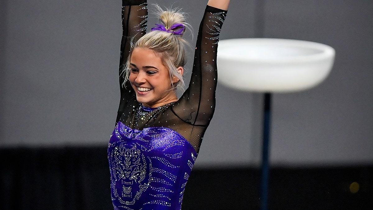 LSU Tigers freshman gymnast Olivia Dunne performs on the uneven bars during the 2021 NCAA Women Gymnastics Championships at Dickies Arena in Fort Worth, Texas, April 16, 2021. 