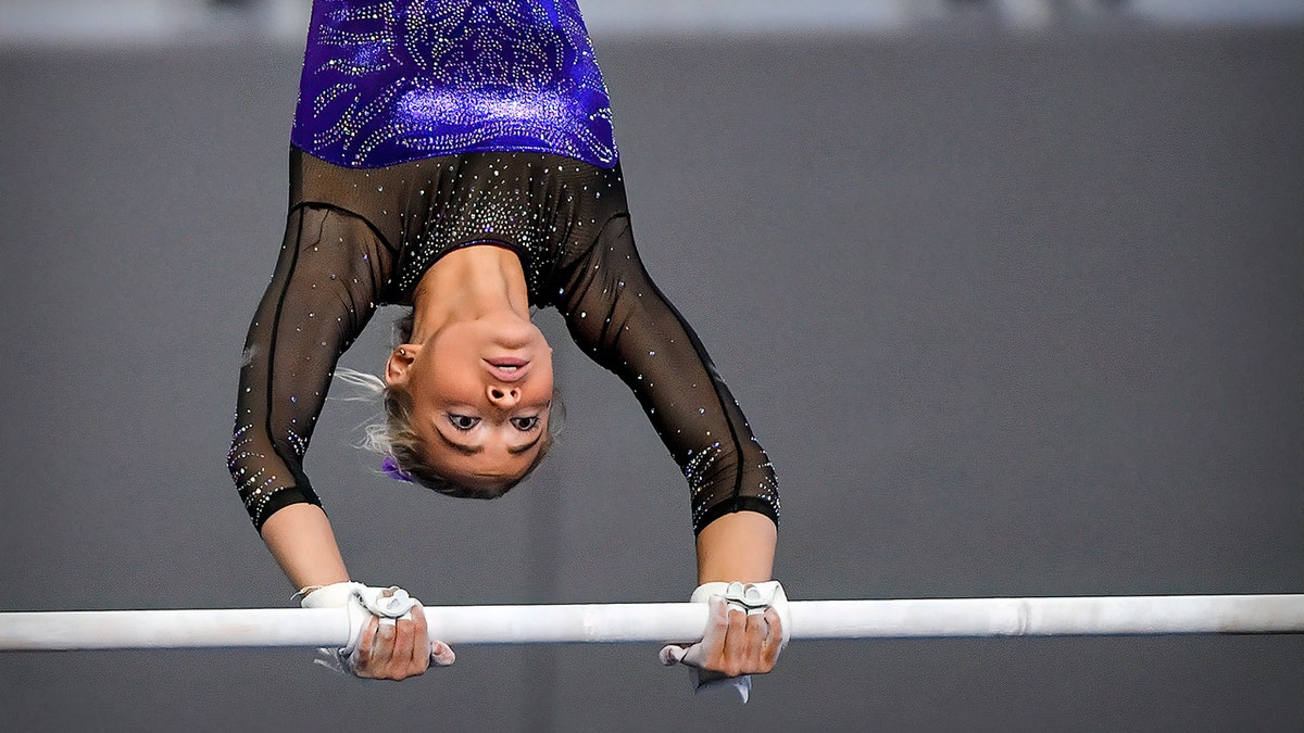 LSU Tigers freshman gymnast Olivia Dunne performs on the uneven bars during the 2021 NCAA Women Gymnastics Championships at Dickies Arena in Fort Worth, Texas, April 16, 2021. 