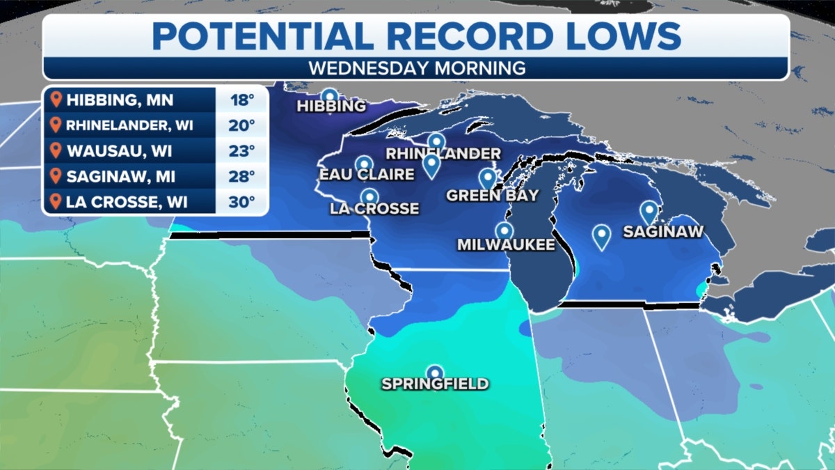 Map of potential record-low temperatures