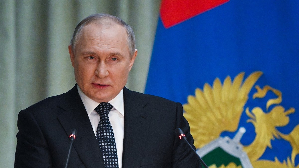 Russian President Vladimir Putin delivers a speech during a meeting of the executive board of the General Procurator's Office in Moscow on Monday, April 25.