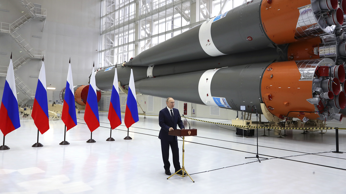 Russian President Vladimir Putin delivers his speech at a rocket assembly factory during his visit to the Vostochny cosmodrome outside the city of Tsiolkovsky on April 12.
