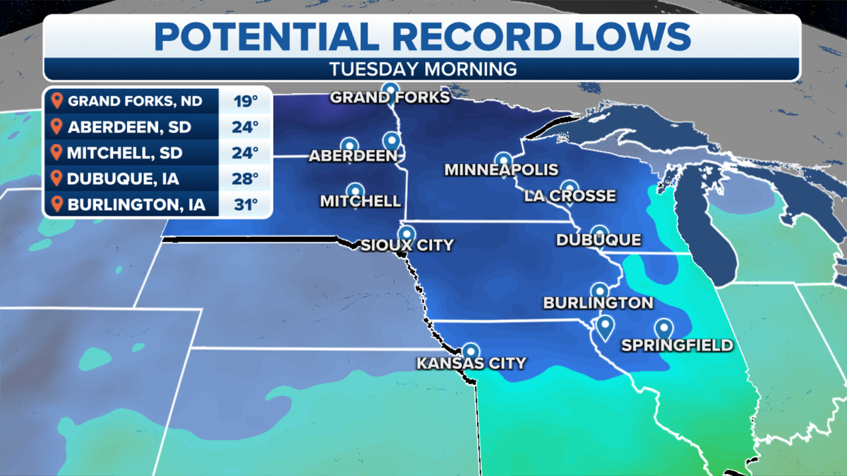 Map of potential record low temperatures