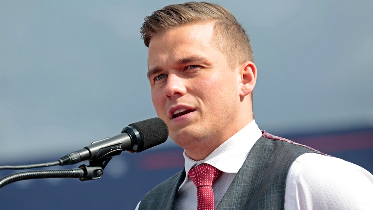 FILE - U.S. Rep. Madison Cawthorn, R-N.C., speaks to the crowd before former President Donald Trump takes the stage at a rally, April 9, 2022, in Selma, N.C. (AP Photo/Chris Seward, File)