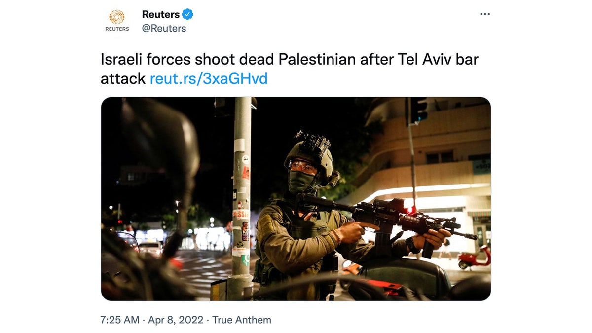 Reuters Tweet reading "Israeli forces shoot dead Palestinian after Tel Aviv bar attack"