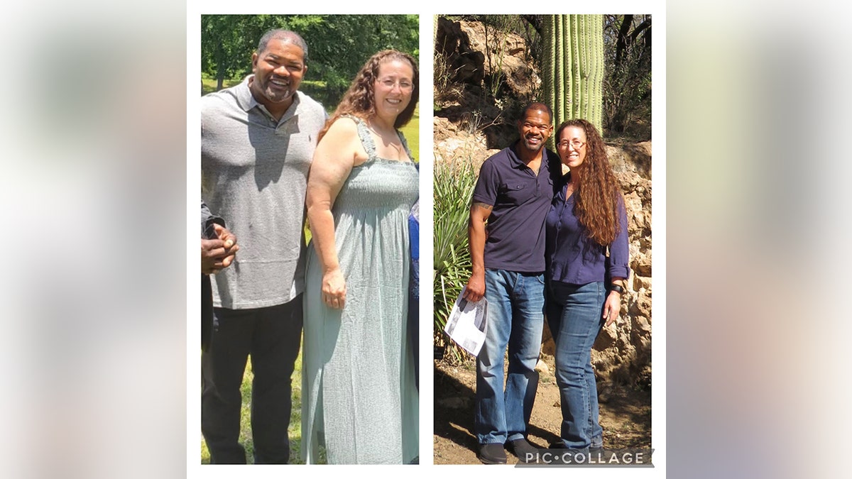 Rob Reid and his wife Michelle, before and after