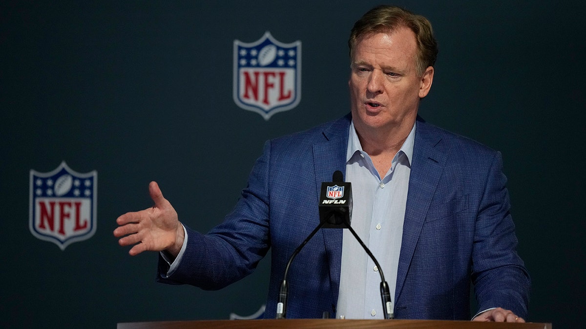 NFL Commissioner?Roger Goodell answers questions from reporters at a press conference following the close of the NFL owner's meeting, Tuesday, March 29, 2022, at The Breakers resort in Palm Beach, Florida.