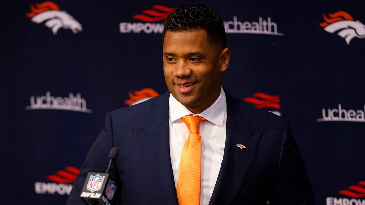 Quarterback Russell Wilson #3 of the Denver Broncos addresses the press at UCHealth Training Center on March 16, 2022 in Englewood, Colorado.