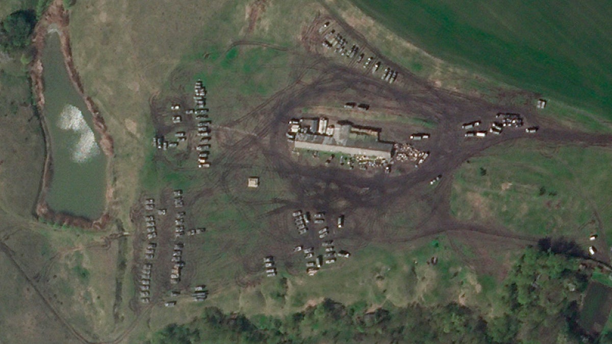 This satellite image from Planet Labs PBC shows Russian tanks and armored vehicles near the Ukrainian border in the Belgorod region of Russia on Monday, April 25, 2022.