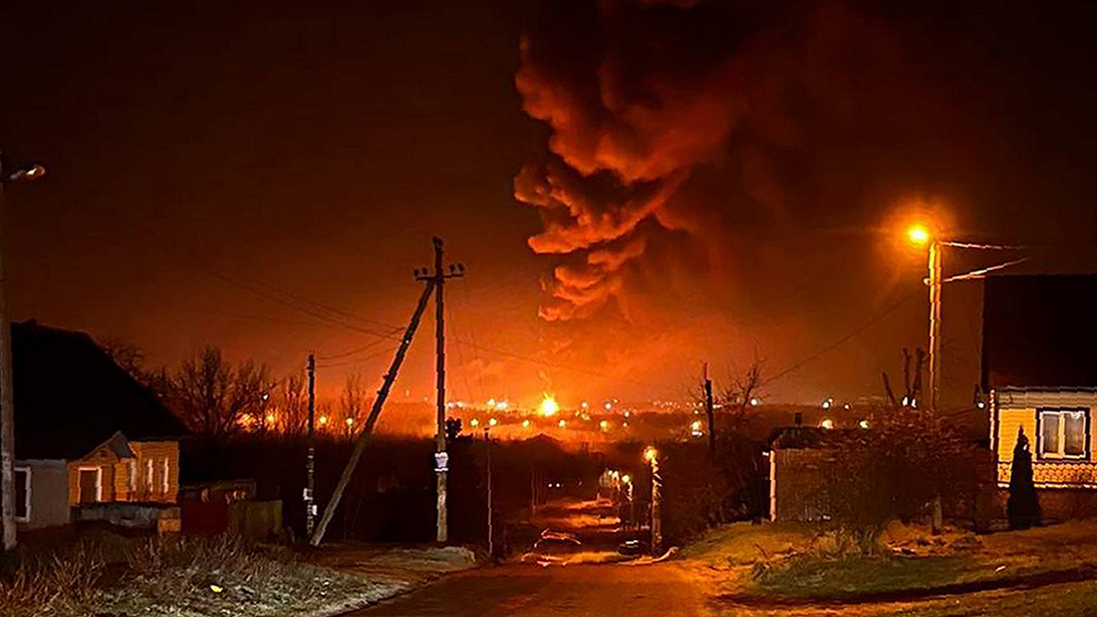 Russia's Emergencies Ministry said the massive fire at the depot in the city of Bryansk erupted overnight.