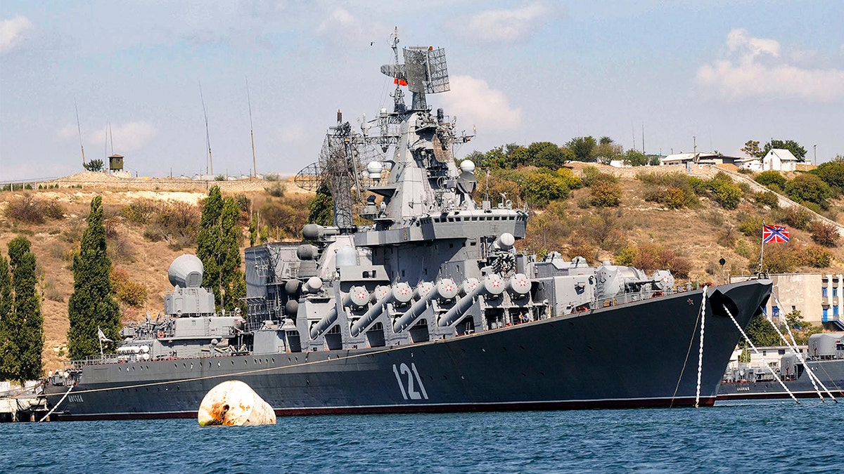 FILE - The Russian missile cruiser Moskva, the flagship of Russia's Black Sea Fleet is seen anchored in the Black Sea port of Sevastopol, on Sept. 11, 2008. (AP Photo, File)