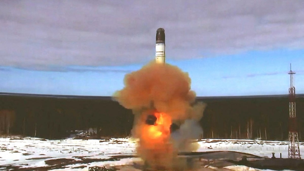 The Sarmat intercontinental ballistic missile is launched during a test at Plesetsk cosmodrome in Arkhangelsk region, Russia, in this still image taken from a video released on Wednesday.