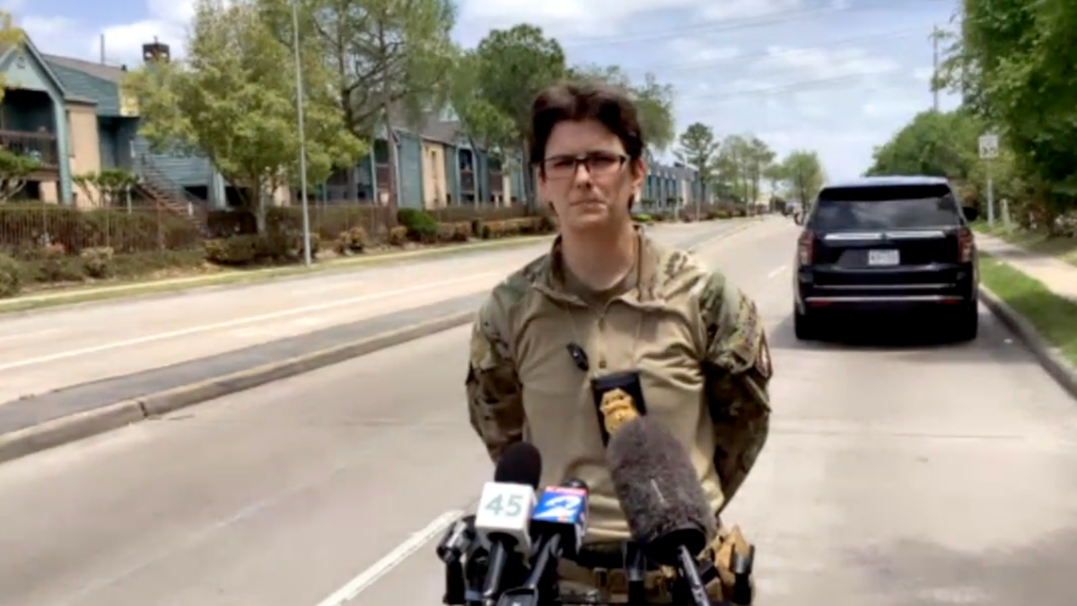 Houston Police Department SWAT Commander Megan Howard giving a press conference near where a burglary suspect was arrested on Tuesday after crashing a stolen ambulance.?