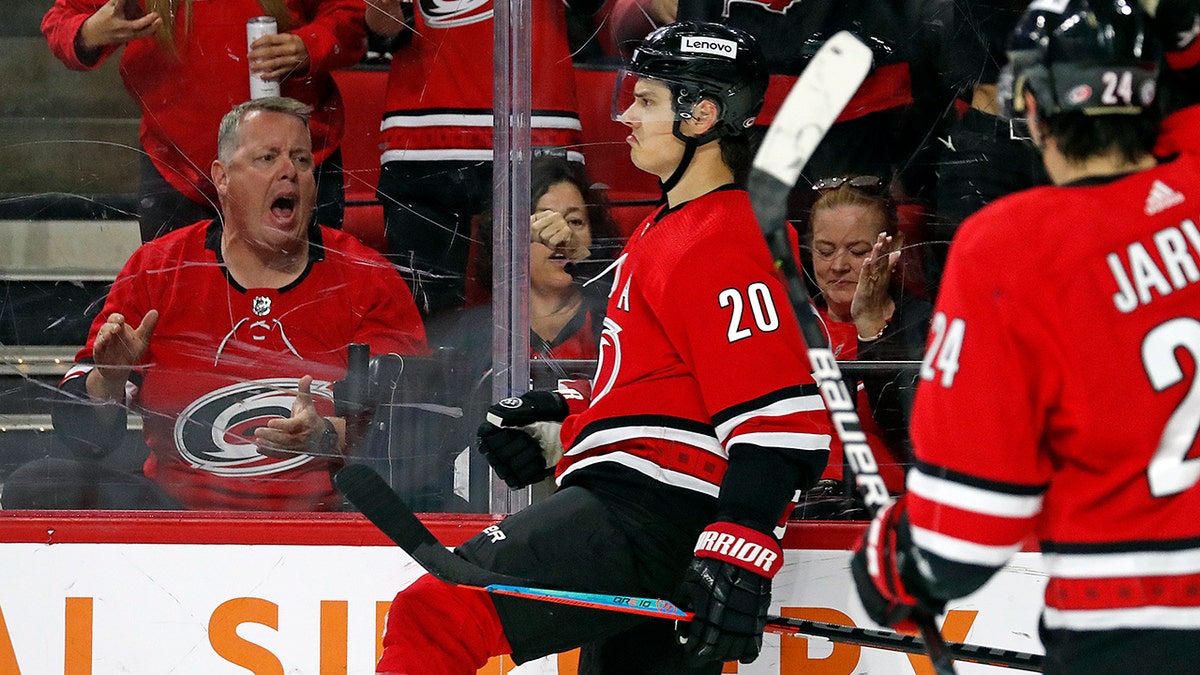 Carolina Hurricanes' Sebastian Aho (20) celebrates his goal against the Buffalo Sabres during the second period of an NHL hockey game in Raleigh, N.C., Thursday, April 7, 2022.