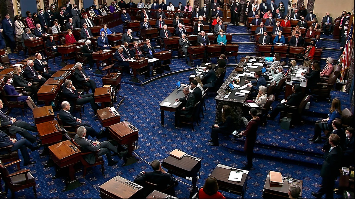 In this image from video from Senate Television, the Senate votes at the U.S. Capitol on the nomination of Judge Ketanji Brown Jackson to become a Supreme Court justice Thursday, April 7, 2022 in Washington. (Senate Television via AP)
