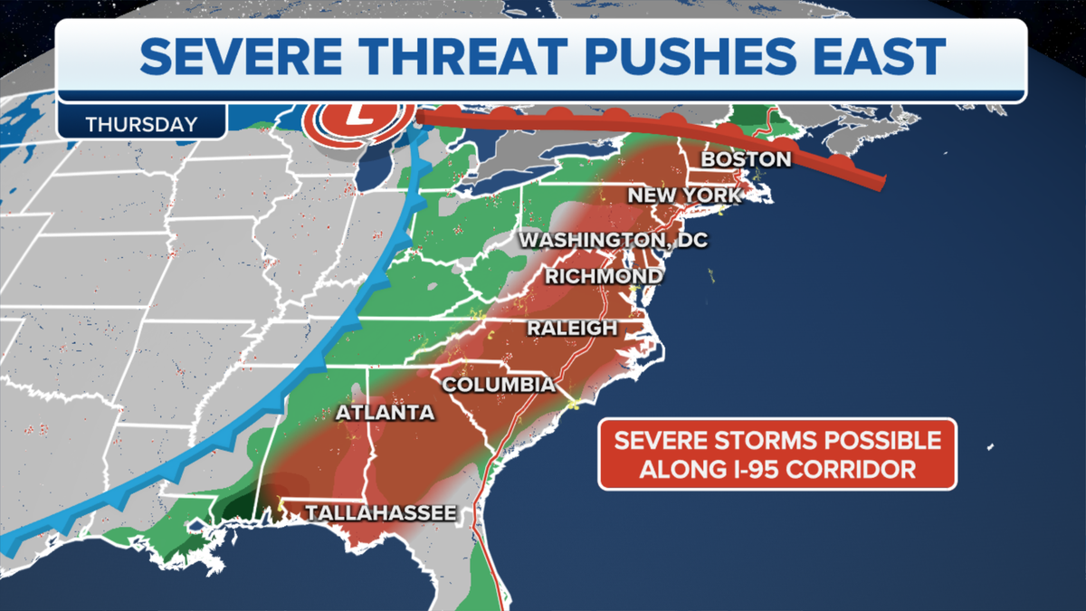 Map of severe weather threat pushing to the East