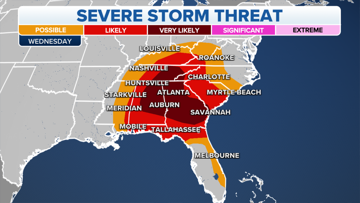 Map of the Southeast's severe storm threats